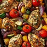 Sheet pan featuring Greek chicken and colorful roasted veggies.