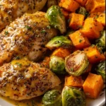 Sheet Pan Honey Dijon Chicken with Sweet Potatoes and Brussels Sprouts