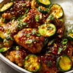 Sheet Pan Hot Honey Garlic Chicken served with Zucchini on a platter