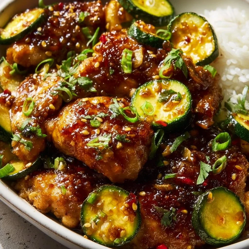 Sheet Pan Hot Honey Garlic Chicken served with Zucchini on a platter