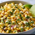Bowl of Spicy Mexican Street Corn Salad garnished with lime and cilantro