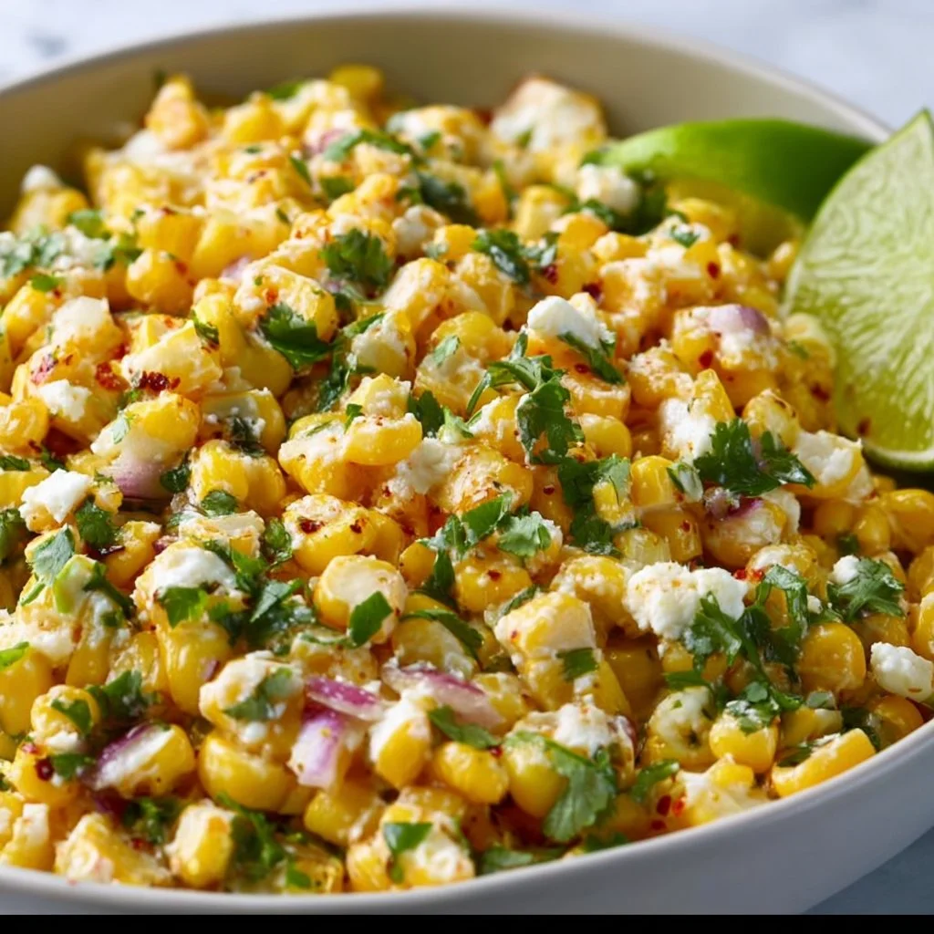 Bowl of Spicy Mexican Street Corn Salad garnished with lime and cilantro