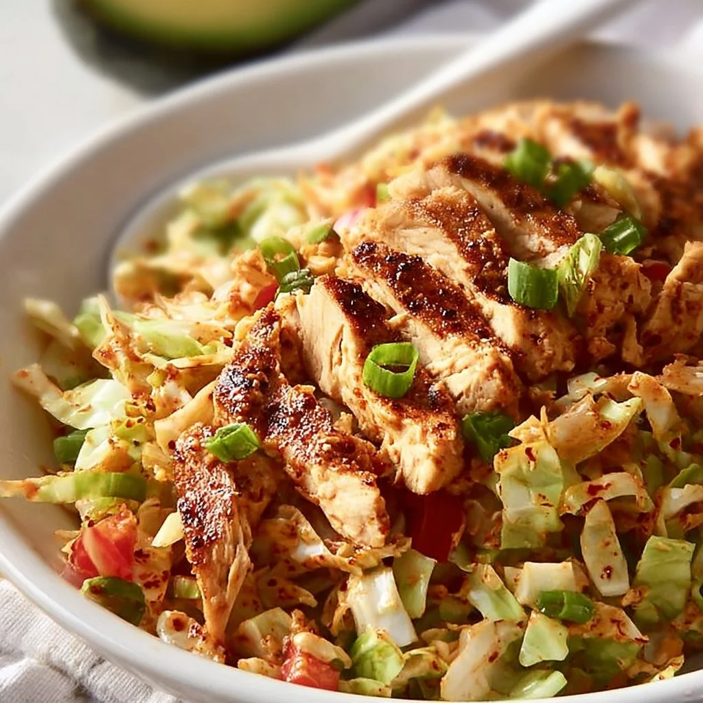 Spicy Ranch Chopped Chicken Cabbage Salad with colorful vegetables and dressing