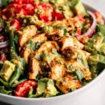 Delicious spicy southwest avocado chicken salad served in a bowl.