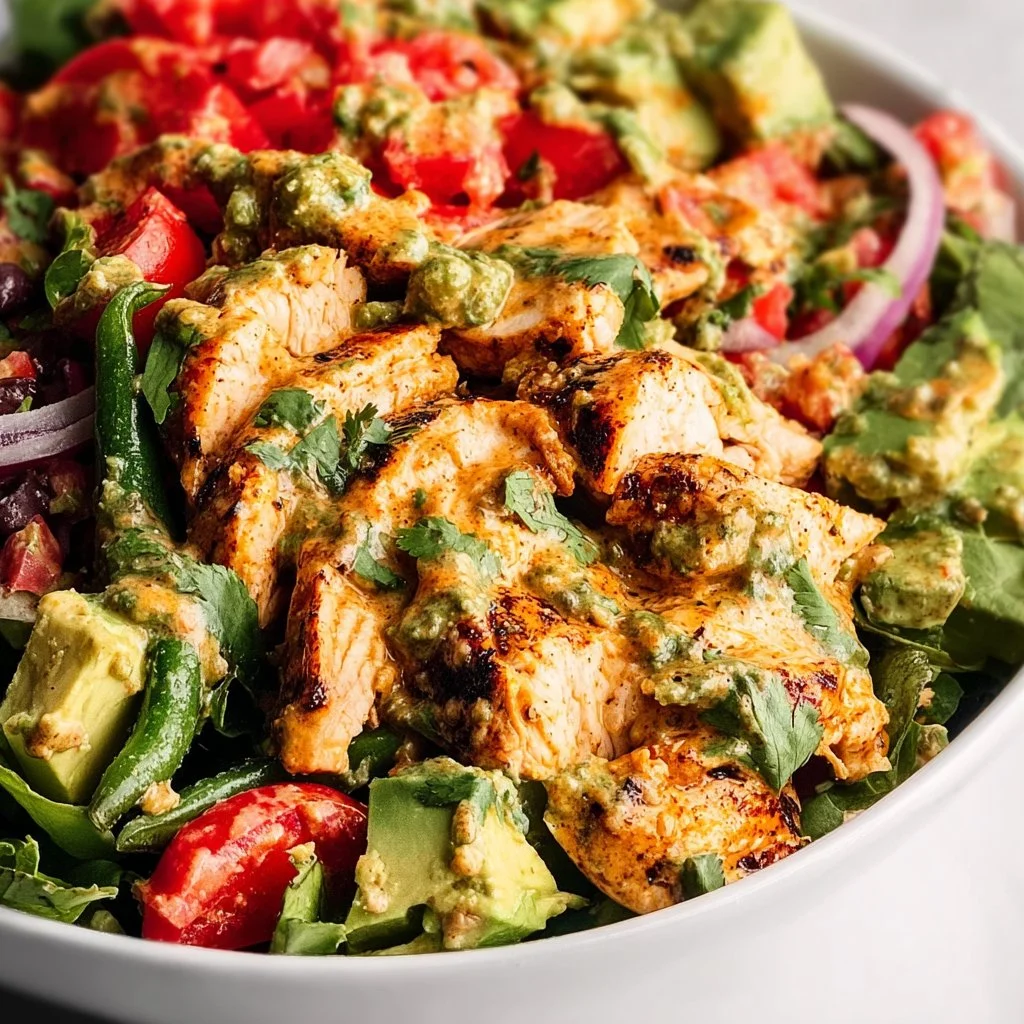 Delicious spicy southwest avocado chicken salad served in a bowl.