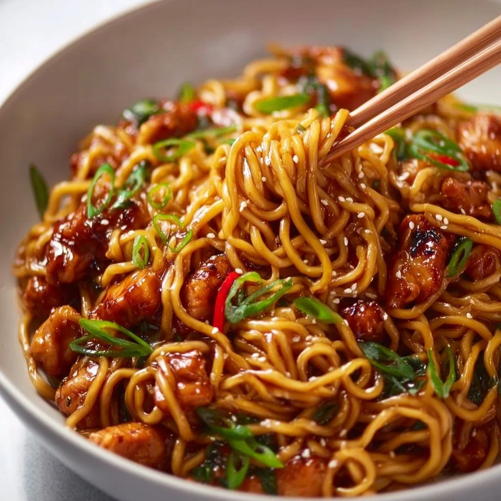 Plate of sticky garlic chicken noodles garnished with green onions