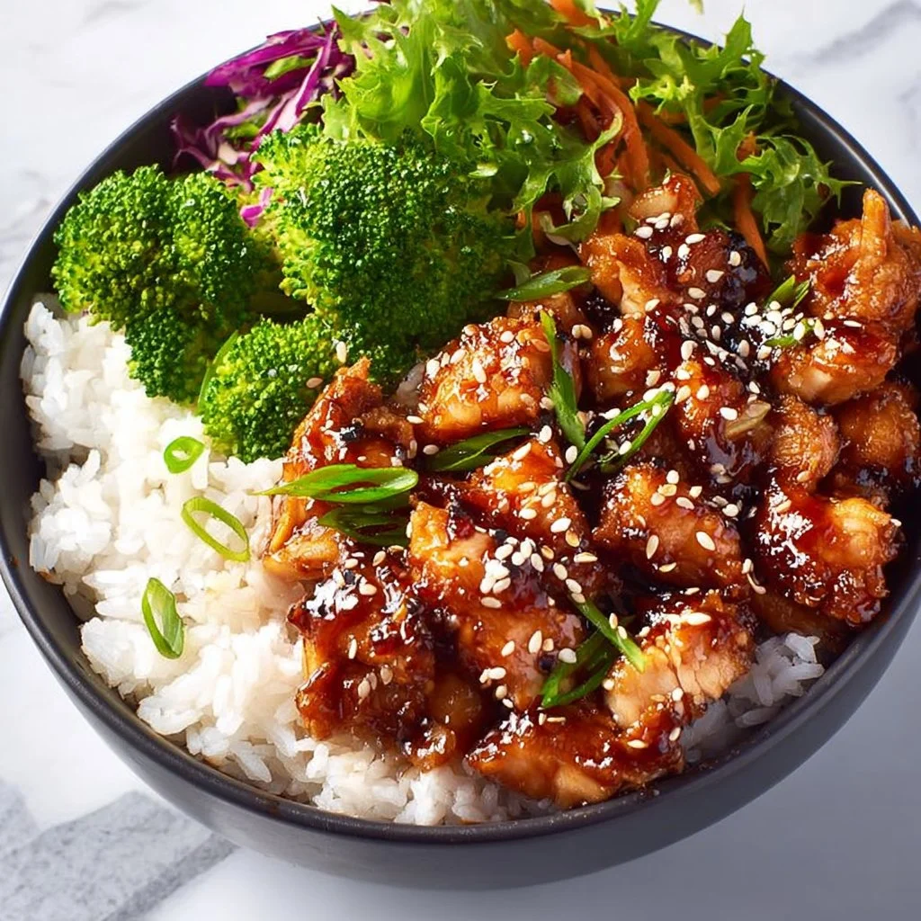 Sticky Teriyaki Chicken Bowl topped with garnishes and served in a bowl