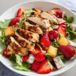 Strawberry Poppy Seed Salad with Grilled Chicken served in a bowl