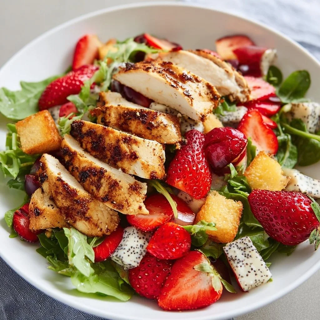 Strawberry Poppy Seed Salad with Grilled Chicken served in a bowl