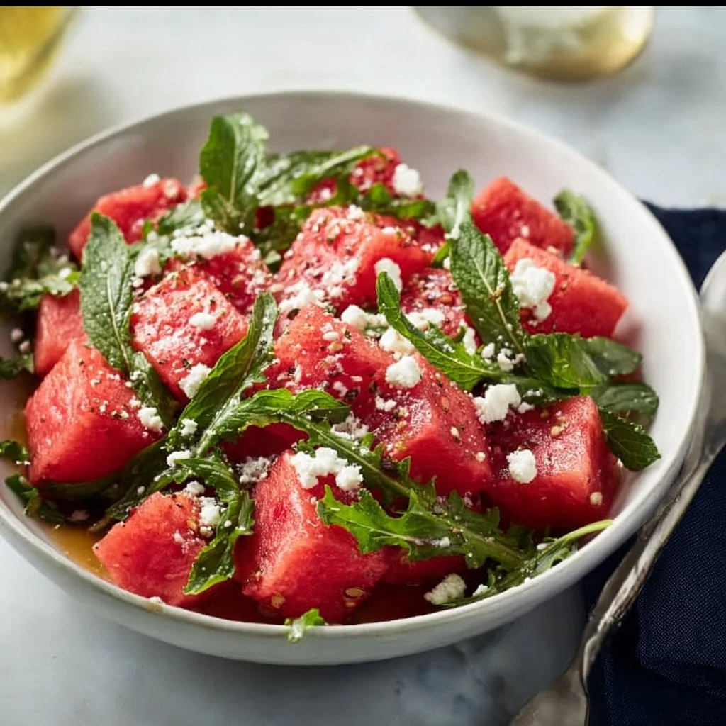 Colorful summer watermelon salad with fresh fruits and mint leaves