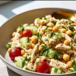 Delicious chickpea chicken salad served in a bowl with fresh vegetables