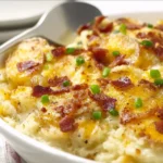 Delicious twice baked potato casserole topped with cheese and bacon