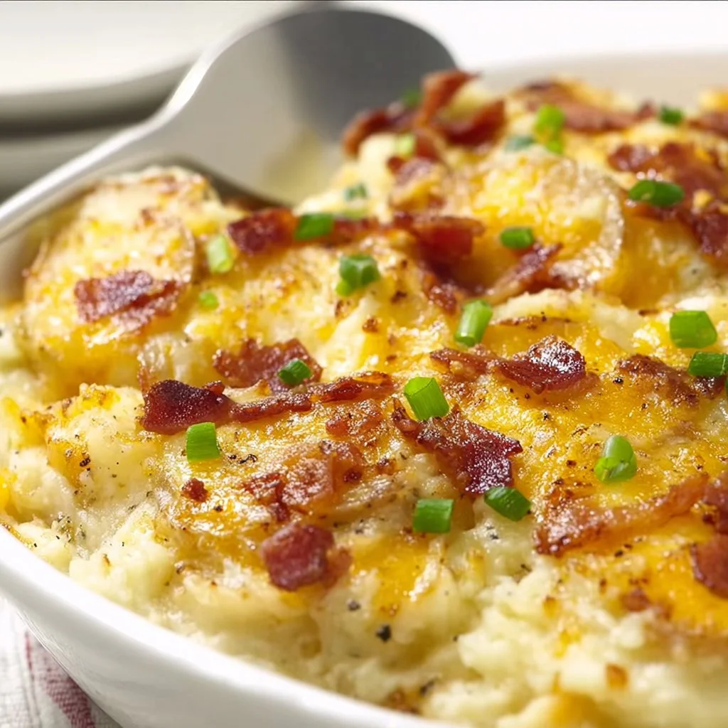 Delicious twice baked potato casserole topped with cheese and bacon