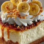 Banana Cream Cheesecake 3 Delicious Banana Cream Cheesecake topped with fresh banana slices and whipped cream