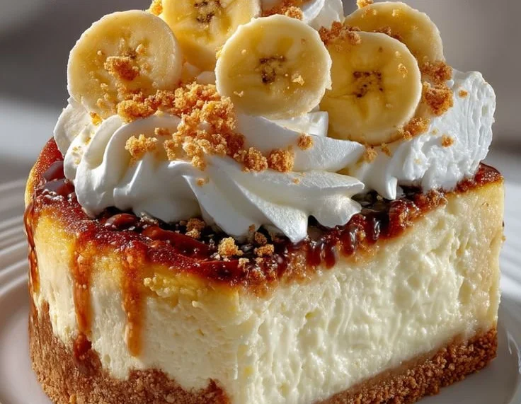 Delicious Banana Cream Cheesecake topped with fresh banana slices and whipped cream