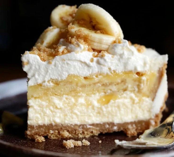Slice of delicious Banana Vanilla Cheesecake topped with fresh banana slices