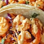 Bang Bang Shrimp Tacos topped with fresh ingredients and spicy sauce