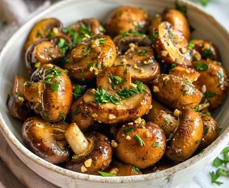 Delicious sauteed mushrooms served in a skillet, garnished with herbs.