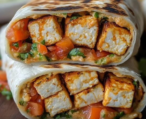 Buffalo Tofu Wrap with fresh veggies and spicy sauce