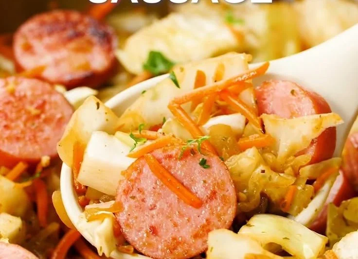 Plate of sautéed cabbage and sausage with herbs and spices
