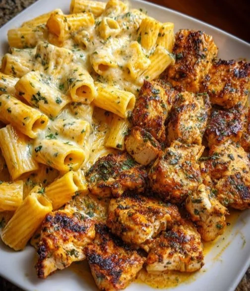 Plate of Cajun Chicken Rigatoni with spices and creamy sauce