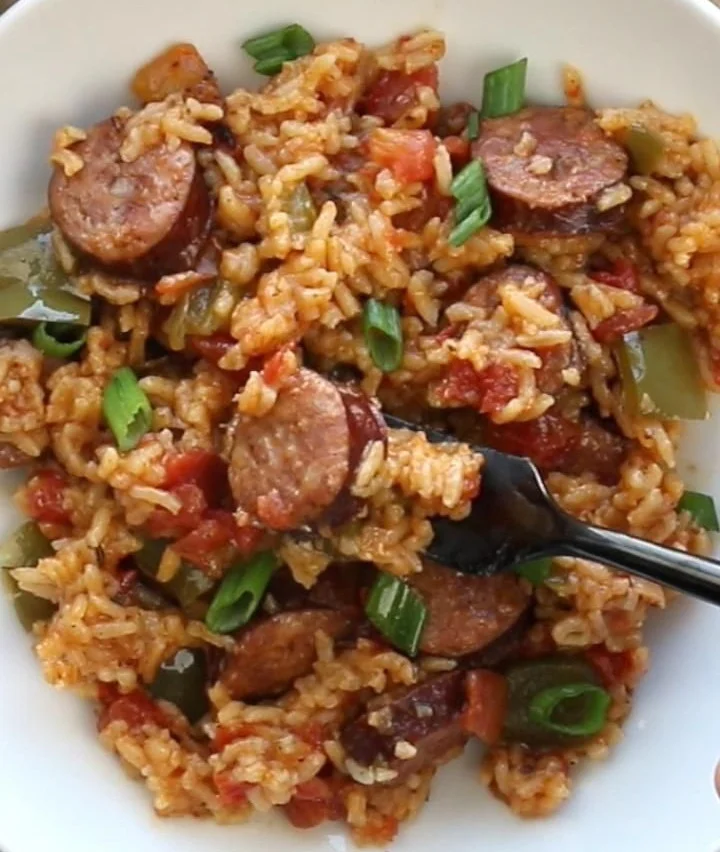Cajun Sausage and Rice Skillet with colorful vegetables and spices