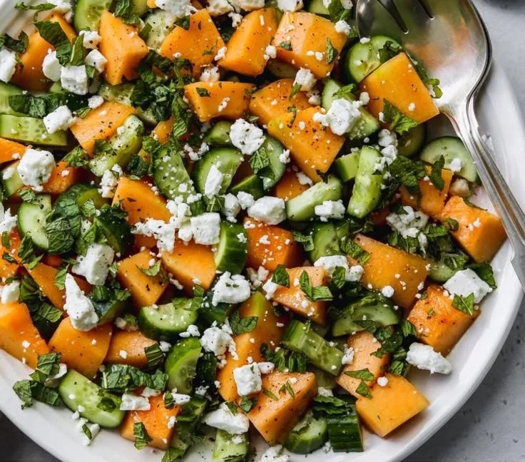 Cantaloupe Melon Salad With Cucumber & Feta
