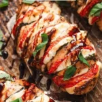 Caprese Stuffed Chicken 3 Caprese stuffed chicken with mozzarella, tomatoes, and basil on a plate