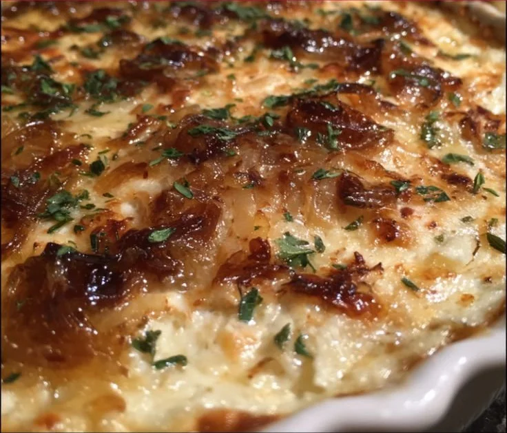 Delicious caramelized onion and Gruyere cheese dip served as a perfect appetizer