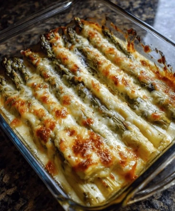 Cheesy roasted asparagus topped with melted cheese and herbs on a baking tray