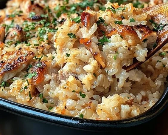 Delicious Chicken Rice Casserole served in a ceramic dish with herbs on top.