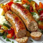 Chicken sausage served with creamy mashed potatoes and roasted seasonal vegetables.