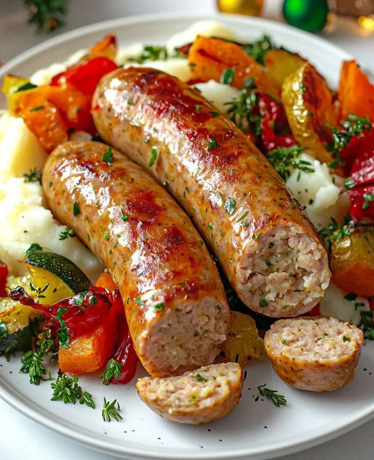Chicken sausage served with creamy mashed potatoes and roasted seasonal vegetables.