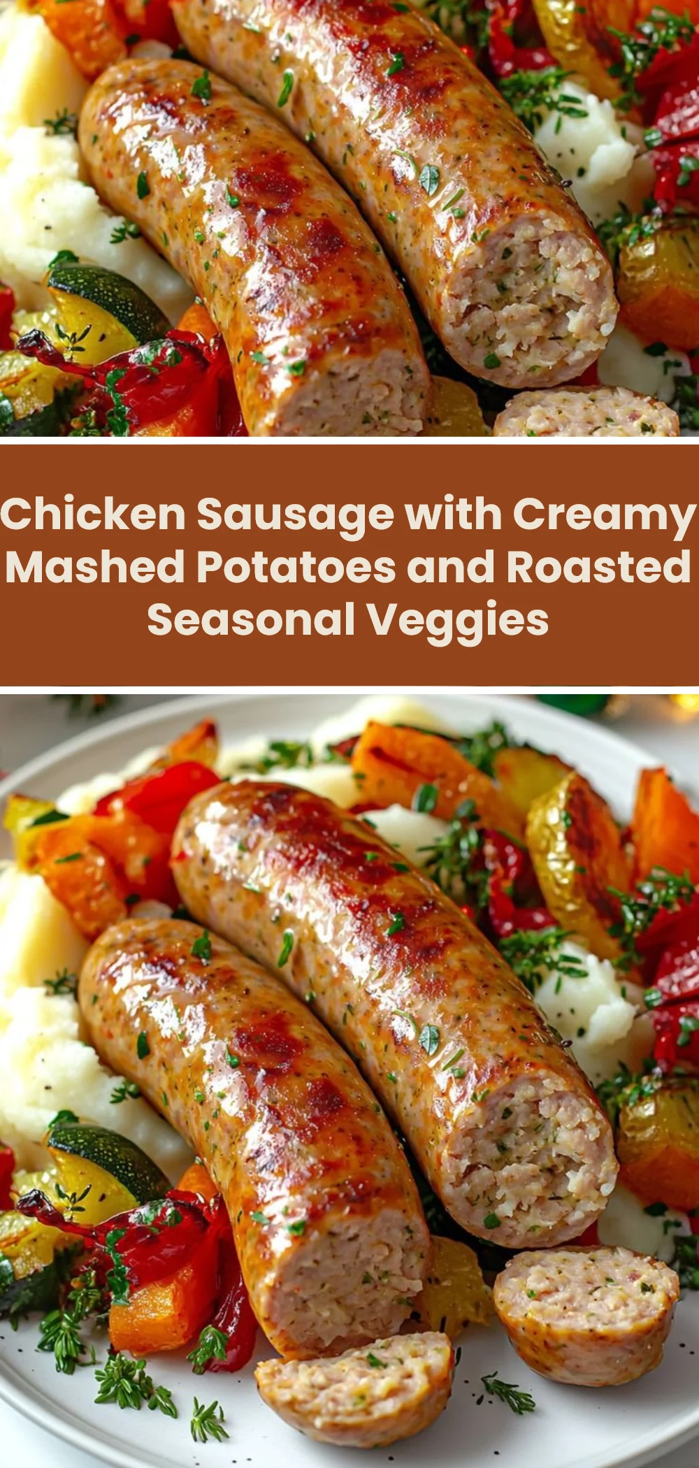 Chicken Sausage with Creamy Mashed Potatoes and Roasted Seasonal Veggies