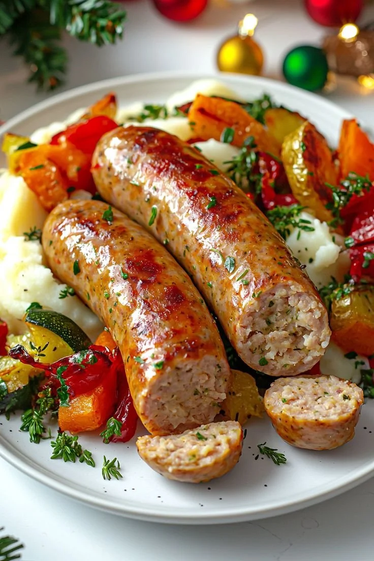 Flavor-Packed Chicken Sausage with Creamy Mashed Potatoes and Roasted Seasonal Veggies