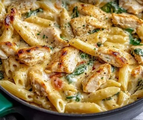 Delicious Chicken Spinach Penne dish served with fresh spinach and grilled chicken.
