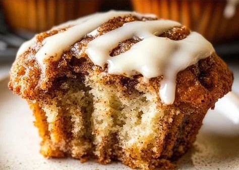 Freshly baked cinnamon roll muffins with cinnamon swirls