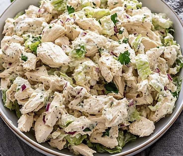 Classic chicken salad with fresh ingredients served in a bowl
