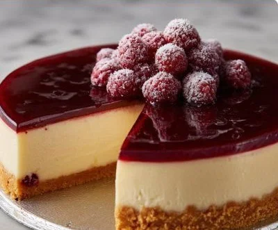 Slice of classic New York cheesecake on a plate with berries