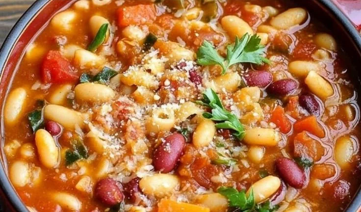 Bowl of Pasta e Fagioli soup inspired by Olive Garden recipe