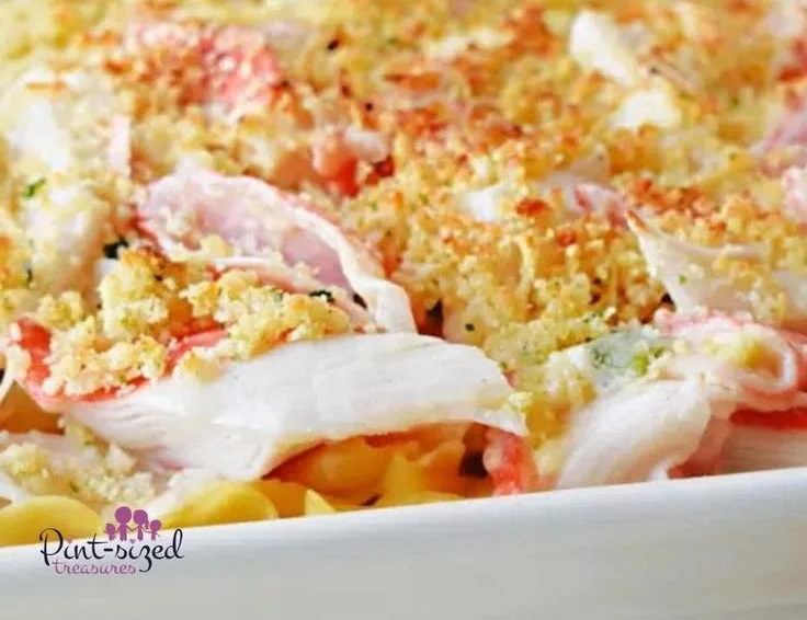 Delicious Crab Rangoon Casserole topped with crispy wonton chips
