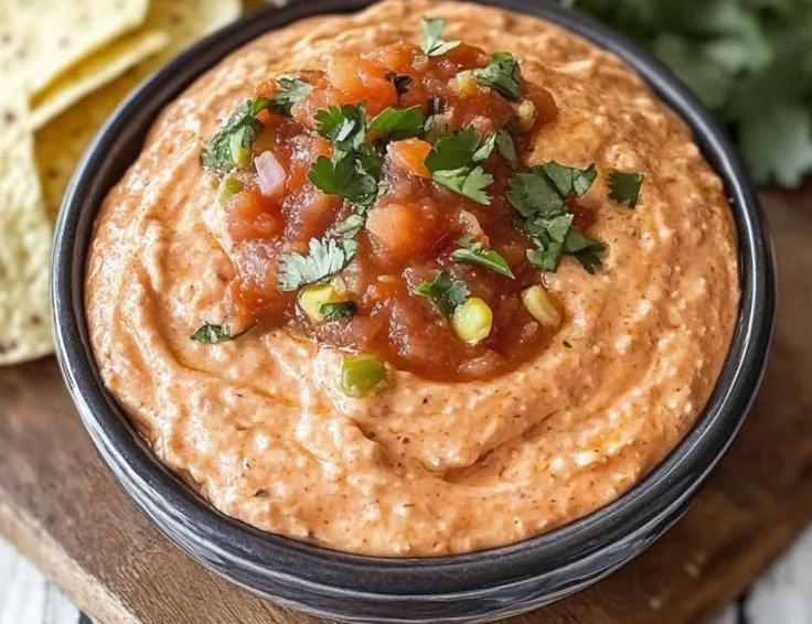 Cream Cheese Salsa Dip served in a bowl with tortilla chips