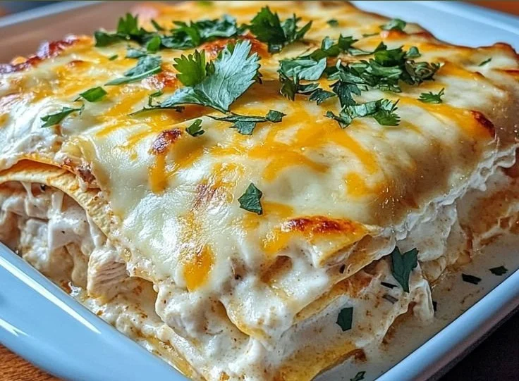 Delicious creamy Chicken Tortilla Bake with layers of chicken and tortillas