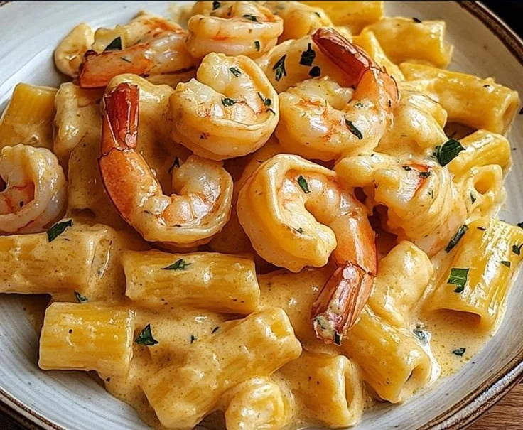 Creamy Jamaican Shrimp Rasta Pasta with colorful peppers and shrimp served in a bowl.