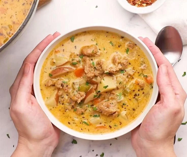 Delicious creamy sausage potato soup garnished with herbs in a bowl