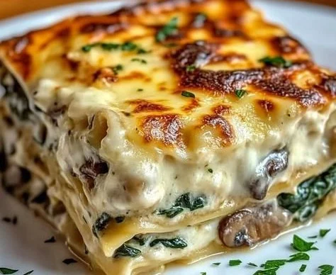 Creamy spinach mushroom lasagna topped with gooey cheese