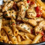 Creamy Sun-Dried Tomato Chicken Pasta 3 Creamy sun-dried tomato chicken pasta garnished with fresh basil and parmesan cheese.