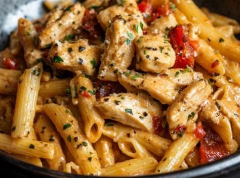 Creamy sun-dried tomato chicken pasta garnished with fresh basil and parmesan cheese.