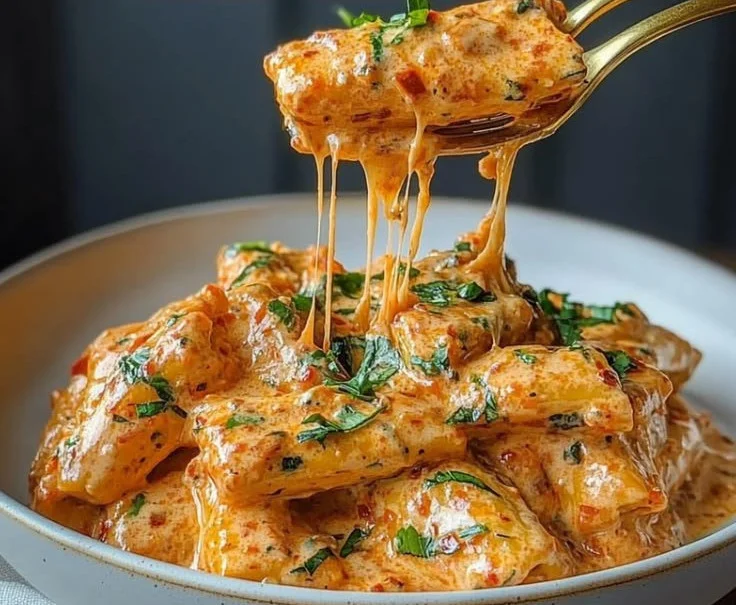 Creamy tomato garlic pasta dish served in a bowl with herbs