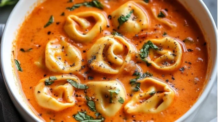 Bowl of creamy tomato tortellini soup topped with fresh basil.